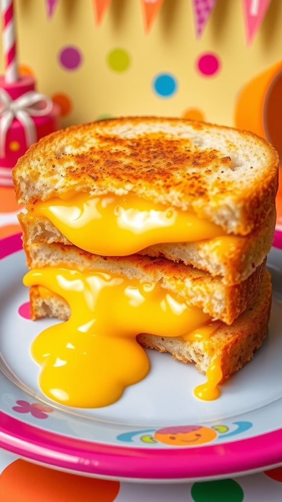 A gooey cheese sandwich with crispy bread, displayed on a colorful plate with party decor in the background.